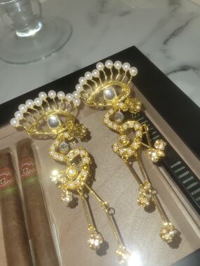 Gold Pearl Eye Dangle Earrings